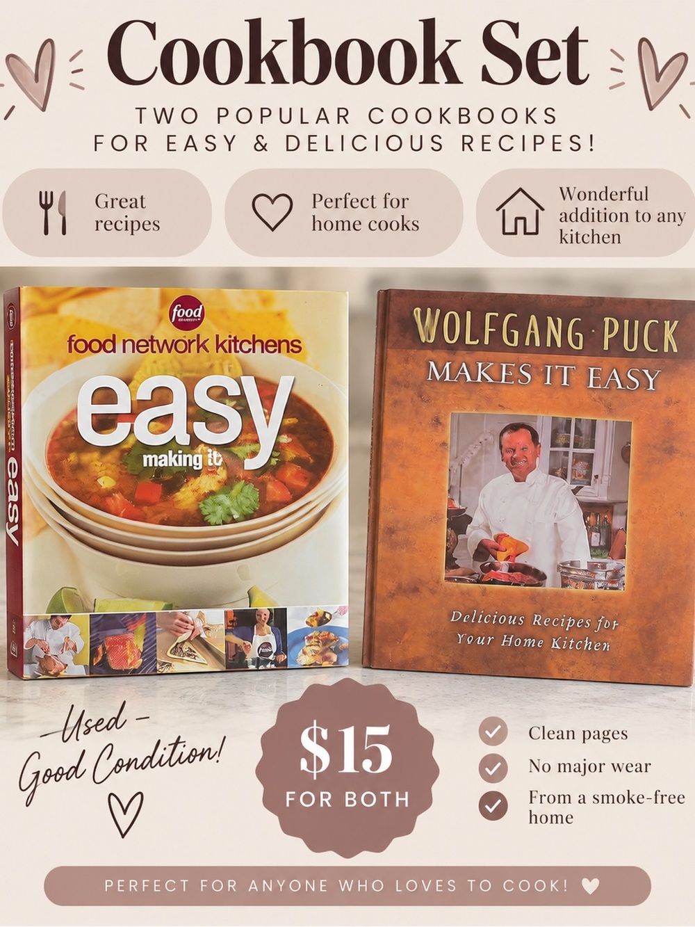 Food Network Kitchens "Easy" & Wolfgang Puck Cookbook Set - Brown/Beige Covers